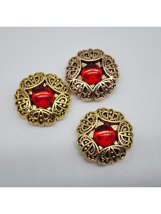 Jewelry - Vintage Gold Tone Plastic Button Covers With Red Acrylic Cabochon Bead Set of 3